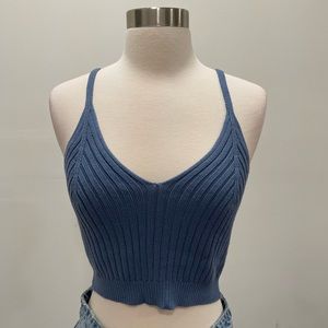 Blue Cotton Ribbed Spaghetti Strap Top